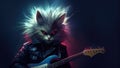 Hard rock metal cat with unruly long fur hair playing electric guitar at concert- generative AI