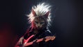 Hard rock metal cat with unruly long fur hair playing electric guitar at concert- generative AI