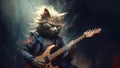Hard rock metal cat with unruly long fur hair playing electric guitar at concert- generative AI