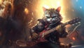 Hard rock metal cat with unruly long fur hair playing electric guitar at concert- generative AI