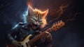 Hard rock metal guitarist cat playing an electric guitar on concert stage - generative AI