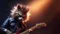 Hard rock metal guitarist cat playing an electric guitar on concert stage - generative AI