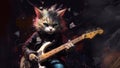 Hard rock metal cat with unruly long fur hair playing electric guitar at concert- generative AI