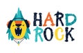 Hard Rock. Postcard with a lion. Vector cartoon character. Illustration on a dark background for children in the style