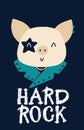 Hard rock postcard with a pig. Vector cartoon character. Illustration on a dark background for children in the style of