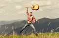 hard rock. western camping and hiking. happy and free. cowboy man with bare muscular torso. acoustic guitar player Royalty Free Stock Photo