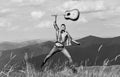 Hard rock. western camping and hiking. happy and free. cowboy man with bare muscular torso. acoustic guitar player Royalty Free Stock Photo