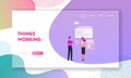 Hard Sell, Consumerism Landing Page Template. Intrusive Promoter Character Giving Invitation Flyer for Visiting Store Royalty Free Stock Photo