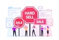Hard Sell. Promoter Characters Use Policy or Technique of Aggressive Salesmanship and Advertising Pressing Customers Royalty Free Stock Photo