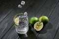 hard seltzer with lime on a dark wooden background, ice cubes fall into a glass with an alcoholic drink hard seltzer