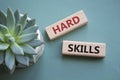 Hard skills symbol. Wooden blocks with words Hard skills. Beautiful grey green background with succulent plant. Business and Hard