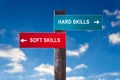 Hard Skills versus Soft Skills - Road sign with two options. Royalty Free Stock Photo