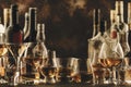 Hard strong alcoholic drinks and distillates in glasses and bottles in assortment: vodka, cognac, tequila, scotch, brandy and Royalty Free Stock Photo