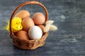 On a hard surface is a full basket of eggs, a symbol of Easter
