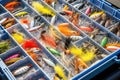 hard tackle box open revealing multi-colored lures Royalty Free Stock Photo