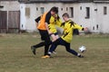 Hard tackle in soccer preseason game Royalty Free Stock Photo