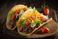 Hard Tacos With Shredded Beef, Lettuce, Tomato, Onions and Cheese