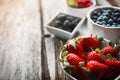 Hard to resist a bowl of juicy red strawberries. bowls of various berries on a table.