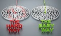 The hard way and the easy way texts in front of round mazes. 3D illustration