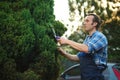 Work in the garden: Concentrated professional male gardener is trimming, pruning and shaping boxwood, using hedge shears Royalty Free Stock Photo