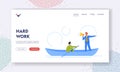 Hard Work Landing Page Template. Male Character Rowing With Confidence And Authority, Leader with Loudspeaker