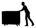 Hard worker pushing wheelbarrow and carry big box silhouette.