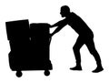 Hard worker pushing wheelbarrow and carry big box vector silhouette.