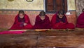 Hard working Bhutanese novice monks learning the Buddhism text in early morning , Bhutan