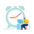 Hard Working Businessman Time or Working Process Concept. Tiny Male Character Sitting at Office Desk Working