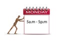 Hard working day concept, office worker marionette pushing the red monday organizer with working hours schedule,