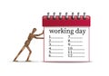 Hard working day concept, office worker marionette pushing the red organizer with long timetable,