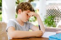 Hard-working sad school kid boy making homework during quarantine time from corona pandemic disease. Upset tired child Royalty Free Stock Photo