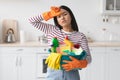 Hard-working asian woman with busket full of cleaning supplies Royalty Free Stock Photo