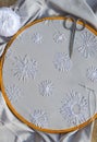 Hardanger embroidery on the table Royalty Free Stock Photo