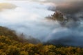 Hardegg medieval castle on a fortified hill upon Thaya river during summer or autumn time. Misty big ruins in the Thayatal Valley.