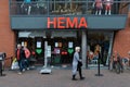 Hema logo sign shop. HEMA is a Dutch variety store-chain.