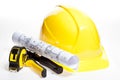 Hardhat, construction tools and blueprint Royalty Free Stock Photo