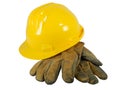 Hardhat and old leather gloves Royalty Free Stock Photo