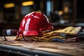 Hardhat safety glasses and gloves on wooden surface, construction and engineering image