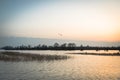 Hardinxveld, Netherlands - 2018-01-14: Pastel sunset over the floodplains of river Boven Merwede