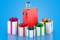 Hardside luggage with presents, 3D rendering