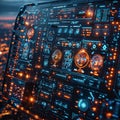 hardware chip isolated on black background electrical circuit board rendering abstract computer, neon-infused digitalism