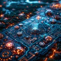 hardware chip isolated on black background electrical circuit board rendering abstract computer, neon-infused digitalism