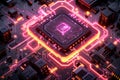 hardware chip isolated on black background electrical circuit board rendering abstract computer, neon-infused digitalism