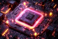 hardware chip isolated on black background electrical circuit board rendering abstract computer, neon-infused digitalism