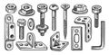 Set of steel bolts and nuts, screw, dowel, metal anchor bolt, construction lock washer. Hardware collection