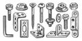 Hardware collection vector. Set of steel bolts and nuts, screw, dowel, metal anchor bolt, construction lock washer