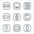 hardware and gadgets line icons. linear set. quality vector line set such as iwatch, printer, power cord, smart watch, video