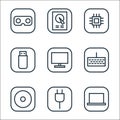 Hardware and gadgets line icons. linear set. quality vector line set such as laptop, power cord, cds, computer keyboard, tv