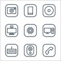 Hardware and gadgets line icons. linear set. quality vector line set such as telephone, webcam, computer keyboard, desktop
